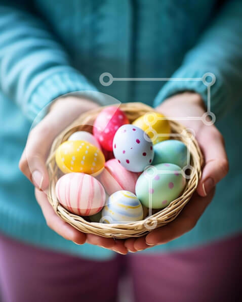 Intra Συλλεκτικό Ξύλινο Παζλ Plywood  4mm - Γυναίκα που κρατά τα ζωηρόχρωμα Πασχαλινά αυγά Σε Ξύλινο Κουτί - Διαστάσεις: 10x10 cm – 25 κομμάτια