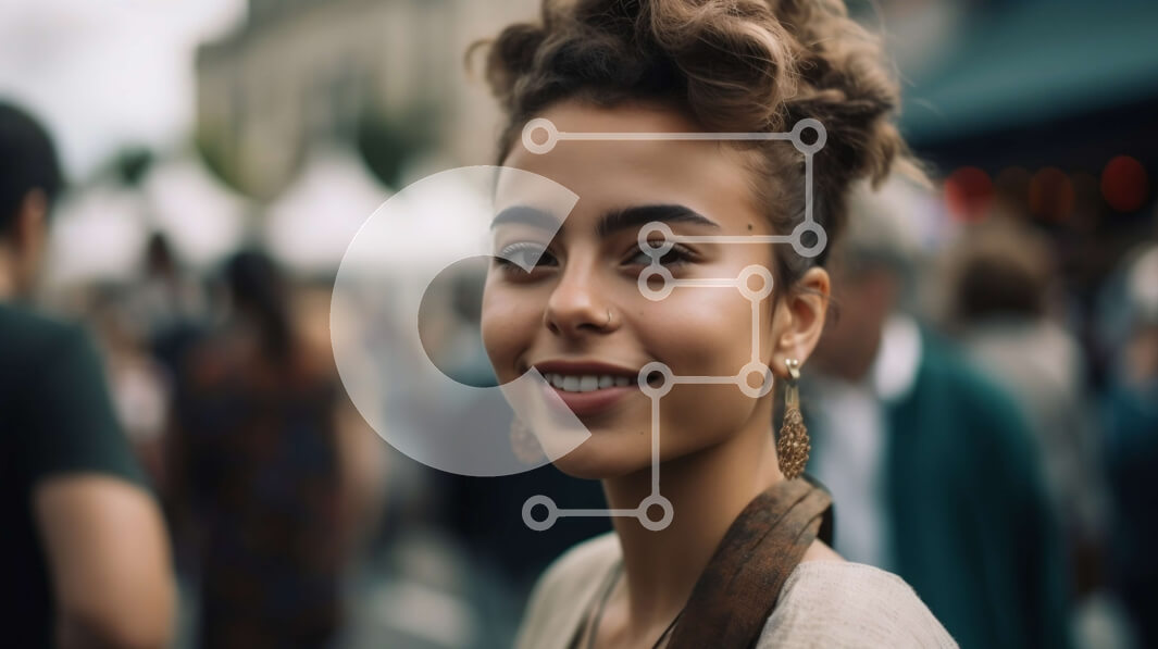 Intra Συλλεκτικό Ξύλινο Παζλ Plywood  4mm - Ζωντανή φωτογραφία δρόμου: νεαρή γυναίκα με σγουρά μαλλιά και πλατύ χαμόγελο που στέκεται στη μέση ενός πολυσύχναστου δρόμου Σε Ξύλινο Κουτί - Διαστάσεις Puzzle: 10x10 cm – 25 κομμάτια