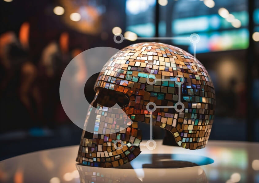 Intra Συλλεκτικό Ξύλινο Παζλ Plywood  4mm - Κράνος από πλακάκια μωσαϊκού σε έκθεση σε Πινακοθήκη ή Μουσείο Σε Ξύλινο Κουτί - Διαστάσεις Puzzle: 10x10 cm – 25 κομμάτια