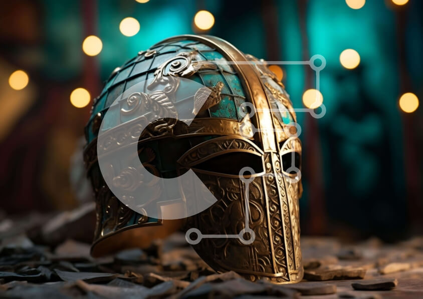 Intra Συλλεκτικό Ξύλινο Παζλ Plywood  4mm - Περίτεχνο κράνος Βίκινγκ σε σωρό νομίσματα Σε Ξύλινο Κουτί - Διαστάσεις: 10x10 cm – 25 κομμάτια