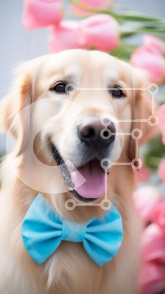 Σετ των 2 Intra Συλλεκτικό Ξύλινο Παζλ Plywood  4mm - Σκύλος Golden Retriever με μπλε παπιγιόν και ροζ τουλίπες Σε Ξύλινο Κουτί - Διαστάσεις: 10x10 cm – 25 κομμάτια