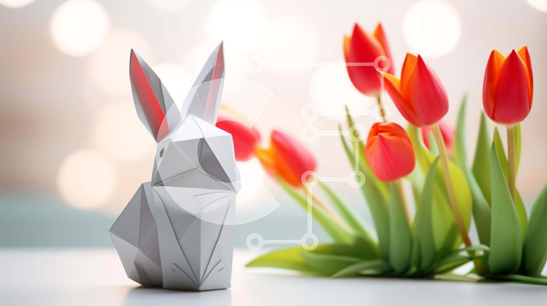 Intra Συλλεκτικό Ξύλινο Παζλ Plywood  4mm - Διακοσμητικό τραπέζι Origami με κουνέλι και κόκκινες τουλίπες Σε Ξύλινο Κουτί - Διαστάσεις Puzzle: 10x10 cm – 25 κομμάτια