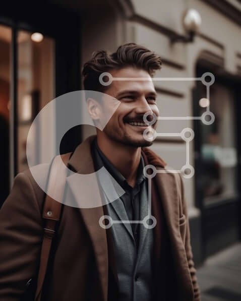 Intra Συλλεκτικό Ξύλινο Παζλ Plywood  4mm - Άνδρας με καφέ παλτό που περπατά και χαμογελά στην κάμερα Σε Ξύλινο Κουτί - Διαστάσεις Puzzle: 10x10 cm – 25 κομμάτια