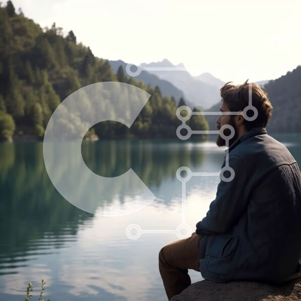 Intra Συλλεκτικό Ξύλινο Παζλ Plywood  4mm - Εκπληκτικό τοπίο ενός άνδρα που κάθεται δίπλα στη λίμνη με βουνά σε απόσταση Σε Ξύλινο Κουτί - Διαστάσεις: 10x10 cm – 25 κομμάτια