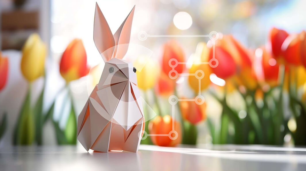 Intra Συλλεκτικό Ξύλινο Παζλ Plywood  4mm - Κουνέλι Origami με πολύχρωμες τουλίπες Σε Ξύλινο Κουτί - Διαστάσεις Puzzle: 10x10 cm – 25 κομμάτια