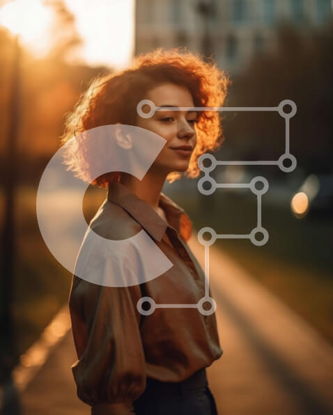 Intra Συλλεκτικό Ξύλινο Παζλ Plywood  4mm - Κομψή κοκκινομάλλα γυναίκα που στέκεται στη μέση της οδού της πόλης στο ηλιοβασίλεμα Σε Ξύλινο Κουτί - Διαστάσεις Puzzle: 10x10 cm – 25 κομμάτια