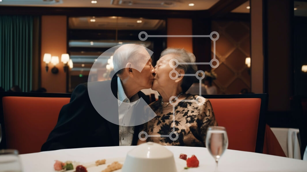 Intra Συλλεκτικό Ξύλινο Παζλ Plywood  4mm - Γλυκιά στιγμή: Ηλικιωμένο ζευγάρι μοιράζεται ένα ρομαντικό φιλί κατά τη διάρκεια του δείπνου Σε Ξύλινο Κουτί - Διαστάσεις Puzzle: 10x10 cm – 25 κομμάτια