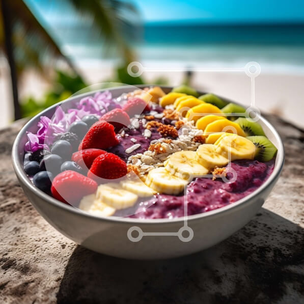 Σετ των 2 Intra Συλλεκτικό Ξύλινο Παζλ Plywood  4mm - Νόστιμο μπολ φρουτοσαλάτας με γκρανόλα και νιφάδες καρύδας σε μια παραλία Σε Ξύλινο Κουτί - Διαστάσεις: 10x10 cm – 25 κομμάτια