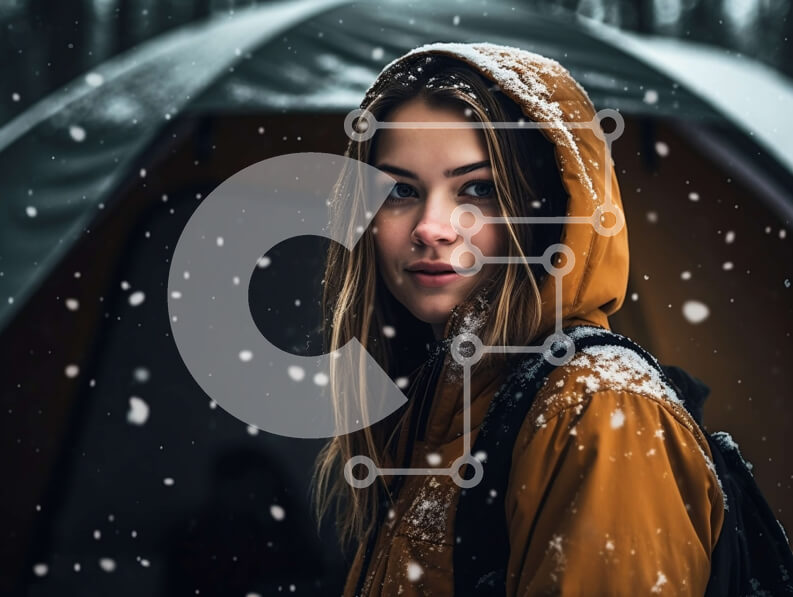 Intra Συλλεκτικό Ξύλινο Παζλ Plywood  4mm - Νεαρή γυναίκα με κίτρινο σακάκι που στέκεται μπροστά από τη σκηνή στο χιόνι Σε Ξύλινο Κουτί - Διαστάσεις Puzzle: 10x10 cm – 25 κομμάτια