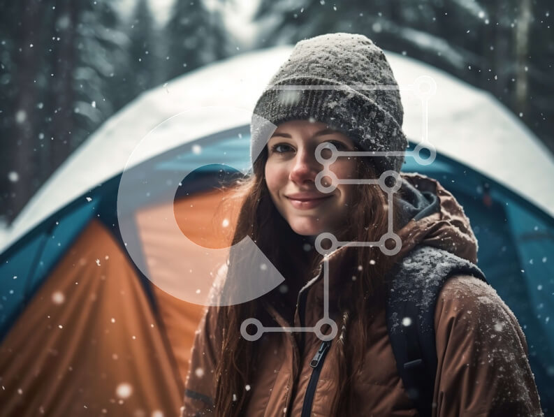 Intra Συλλεκτικό Ξύλινο Παζλ Plywood  4mm - Γυναίκα που κάνει κάμπινγκ στο χιόνι με σακίδιο και σακάκι Σε Ξύλινο Κουτί - Διαστάσεις: 10x10 cm – 25 κομμάτια