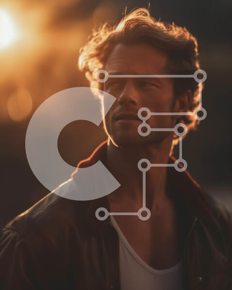 Intra Συλλεκτικό Ξύλινο Παζλ Plywood  4mm - Άνδρας με δερμάτινο μπουφάν με σπαστά μαλλιά και τσιμπημένη γενειάδα που στέκεται στο ηλιοβασίλεμα Σε Ξύλινο Κουτί - Διαστάσεις Puzzle: 10x10 cm – 25 κομμάτια