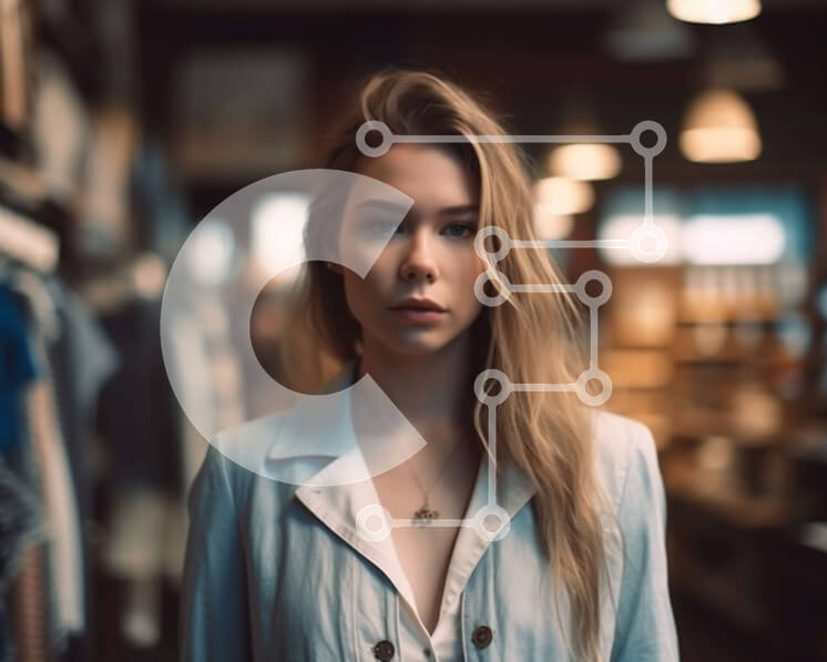 Σετ των 2 Intra Συλλεκτικό Ξύλινο Παζλ Plywood  4mm - Μοντέρνα γυναίκα με λευκό πουκάμισο και μπλε μπουφάν που στέκεται στο κατάστημα ρούχων Σε Ξύλινο Κουτί - Διαστάσεις: 10x10 cm – 25 κομμάτια