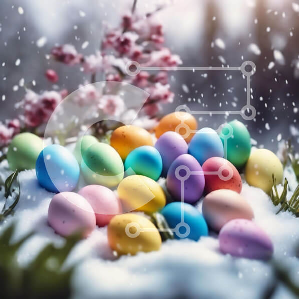 Intra Συλλεκτικό Ξύλινο Παζλ Plywood  4mm - Πολύχρωμα Πασχαλινά αυγά στο χιόνι με ροζ και λευκά λουλούδια Σε Ξύλινο Κουτί - Διαστάσεις: 10x10 cm – 25 κομμάτια