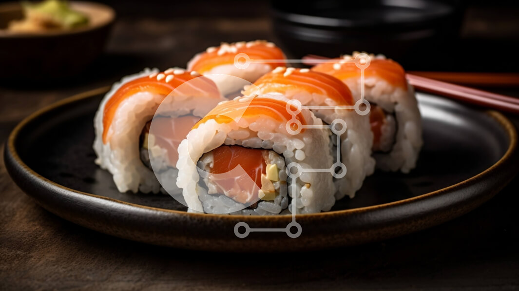 Σετ των 2 Intra Συλλεκτικό Ξύλινο Παζλ Plywood  4mm - Καταπληκτική εικόνα με ρολά σούσι σολομού και αβοκάντο σε μαύρο πιάτο Σε Ξύλινο Κουτί - Διαστάσεις: 10x10 cm – 25 κομμάτια