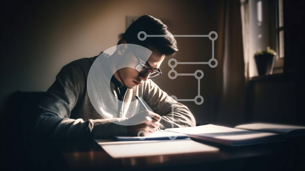 Intra Συλλεκτικό Ξύλινο Παζλ Plywood  4mm - Επικεντρωμένος νεαρός άνδρας που γράφει στο σημειωματάριο στο γραφείο του Σε Ξύλινο Κουτί - Διαστάσεις Puzzle: 10x10 cm – 25 κομμάτια