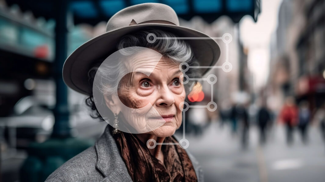 Intra Συλλεκτικό Ξύλινο Παζλ Plywood  4mm - Ηλικιωμένη γυναίκα που κοιτάζει την απόσταση στην πολυσύχναστη οδό της πόλης Σε Ξύλινο Κουτί - Διαστάσεις Puzzle: 10x10 cm – 25 κομμάτια