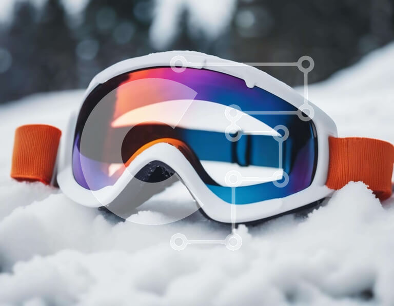 Intra Συλλεκτικό Ξύλινο Παζλ Plywood  4mm - Πορτοκαλί και άσπρα γυαλιά σκι στο χιόνι Σε Ξύλινο Κουτί - Διαστάσεις Puzzle: 10x10 cm – 25 κομμάτια