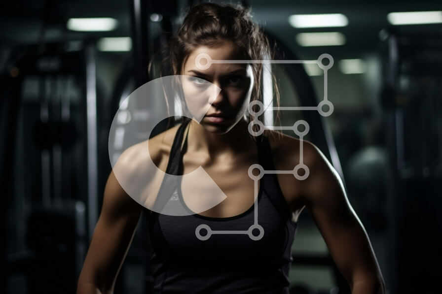 Intra Συλλεκτικό Ξύλινο Παζλ Plywood  4mm - Αποφασισμένη νεαρή γυναίκα με μαύρο αθλητικό σουτιέν και κολάν στο γυμναστήριο με χαμηλό φωτισμό Σε Ξύλινο Κουτί - Διαστάσεις Puzzle: 10x10 cm – 25 κομμάτια