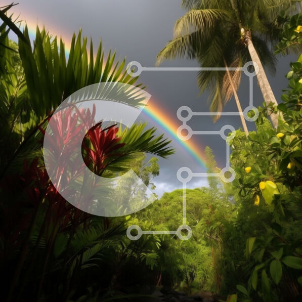 Intra Συλλεκτικό Ξύλινο Παζλ Plywood  4mm - Ουράνιο τόξο πάνω από μια πλούσια τροπική ζούγκλα με φοίνικες και πολύχρωμα λουλούδια Σε Ξύλινο Κουτί - Διαστάσεις: 10x10 cm – 25 κομμάτια