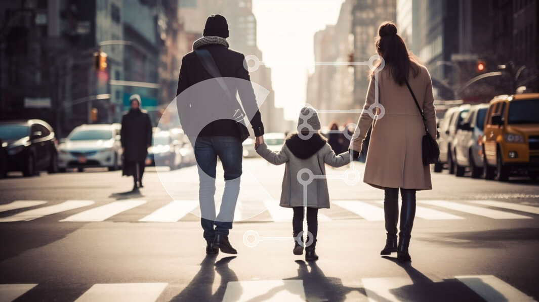 Intra Συλλεκτικό Ξύλινο Παζλ Plywood  4mm - Ευτυχισμένη οικογένεια που περπατά στην πόλη μια πολυάσχολη μέρα Σε Ξύλινο Κουτί - Διαστάσεις Puzzle: 10x10 cm – 25 κομμάτια