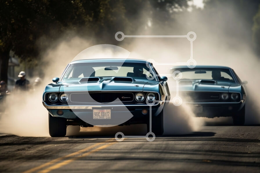 Intra Συλλεκτικό Ξύλινο Παζλ Plywood  4mm - Blue Muscle Cars σε χωματόδρομο με ελαστικά καπνίσματος Σε Ξύλινο Κουτί - Διαστάσεις Puzzle: 10x10 cm – 25 κομμάτια