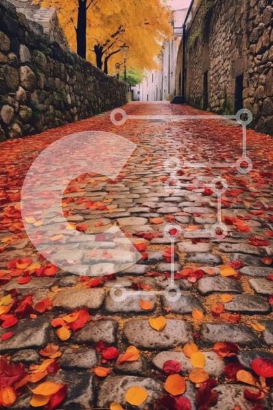 Σετ των 2 Intra Συλλεκτικό Ξύλινο Παζλ Plywood  4mm - Πολύχρωμα Φθινοπωρινά Φύλλα στην Πλακόστρωτη Οδό Σε Ξύλινο Κουτί - Διαστάσεις: 10x10 cm – 25 κομμάτια