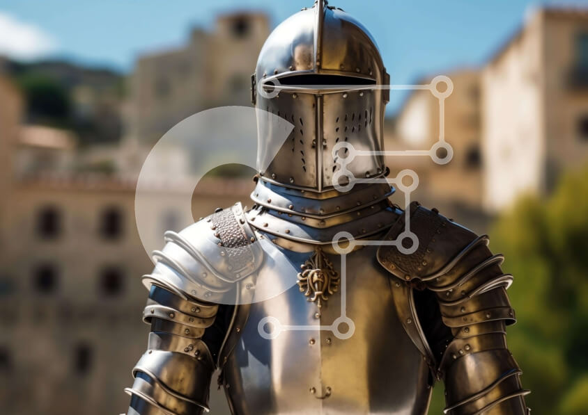 Intra Συλλεκτικό Ξύλινο Παζλ Plywood  4mm - Μεσαιωνικός ιππότης με πανοπλία μπροστά από την παλιά πόλη Σε Ξύλινο Κουτί - Διαστάσεις Puzzle: 10x10 cm – 25 κομμάτια