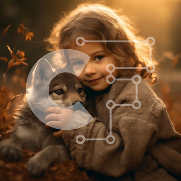 Intra Συλλεκτικό Ξύλινο Παζλ Plywood  4mm - Συγκινητική φωτογραφία νεαρού κοριτσιού και κουταβιού λύκου στο δάσος στο ηλιοβασίλεμα Σε Ξύλινο Κουτί - Διαστάσεις: 10x10 cm – 25 κομμάτια