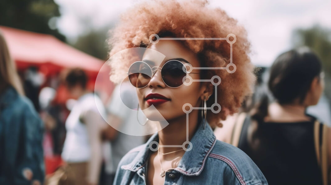 Intra Συλλεκτικό Ξύλινο Παζλ Plywood  4mm - Κομψή γυναίκα με Afro μαλλιά και τζιν μπουφάν σε υπαίθρια εκδήλωση Σε Ξύλινο Κουτί - Διαστάσεις Puzzle: 10x10 cm – 25 κομμάτια