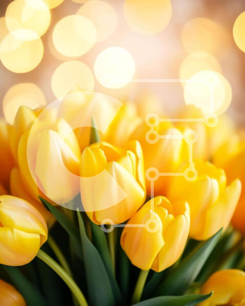 Intra Συλλεκτικό Ξύλινο Παζλ Plywood  4mm - Ζωντανές κίτρινες τουλίπες μπροστά από πολύχρωμα φώτα Bokeh Σε Ξύλινο Κουτί - Διαστάσεις: 10x10 cm – 25 κομμάτια