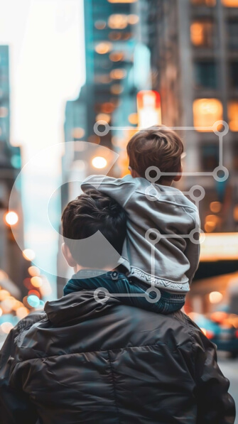 Intra Συλλεκτικό Ξύλινο Παζλ Plywood  4mm - Πατέρας και γιοι που περπατούν στην πόλη τη νύχτα Σε Ξύλινο Κουτί - Διαστάσεις Puzzle: 10x10 cm – 25 κομμάτια