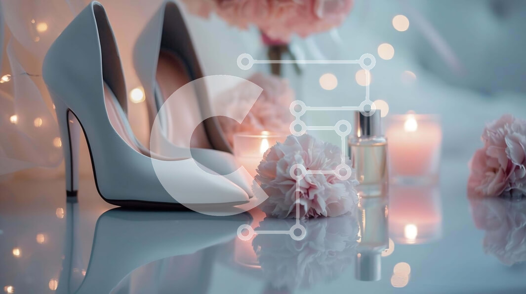 Intra Συλλεκτικό Ξύλινο Παζλ Plywood  4mm - Ζευγάρι λευκά ψηλοτάκουνα παπούτσια με λουλούδια, κεριά και μπουκάλια αρωμάτων Σε Ξύλινο Κουτί - Διαστάσεις Puzzle: 10x10 cm – 25 κομμάτια