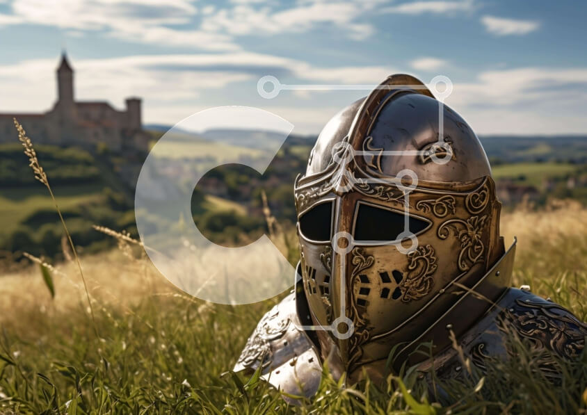 Intra Συλλεκτικό Ξύλινο Παζλ Plywood  4mm - Κράνος μεσαιωνικού στιλ σε γρασίδι με θέα στο Castle Horizon Σε Ξύλινο Κουτί - Διαστάσεις Puzzle: 10x10 cm – 25 κομμάτια