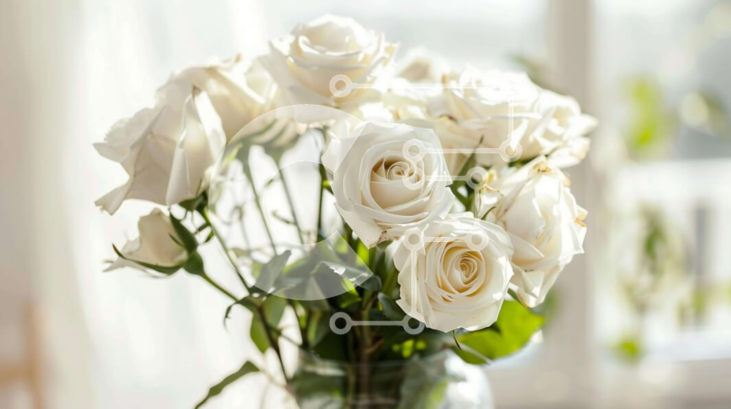 Intra Συλλεκτικό Ξύλινο Παζλ Plywood  4mm - Γυάλινο βάζο με λευκά τριαντάφυλλα στο τραπέζι από ανοιχτό παράθυρο Σε Ξύλινο Κουτί - Διαστάσεις: 10x10 cm – 25 κομμάτια