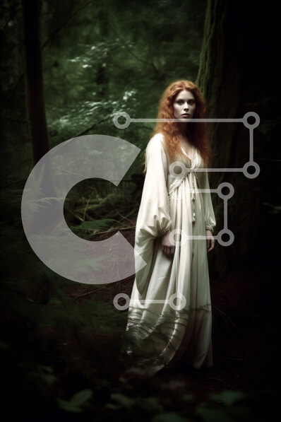 Σετ των 2 Intra Συλλεκτικό Ξύλινο Παζλ Plywood  4mm - Μυστηριώδης γυναίκα με λευκό φόρεμα που στέκεται σε ένα πυκνό δάσος Σε Ξύλινο Κουτί - Διαστάσεις: 10x10 cm – 25 κομμάτια