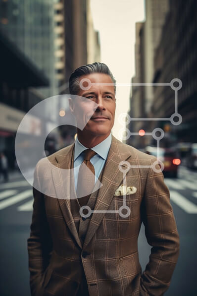 Intra Συλλεκτικό Ξύλινο Παζλ Plywood  4mm - Σοβαρός άντρας με μαύρισμα στολή σε μια οδό της πόλης Σε Ξύλινο Κουτί - Διαστάσεις Puzzle: 10x10 cm – 25 κομμάτια