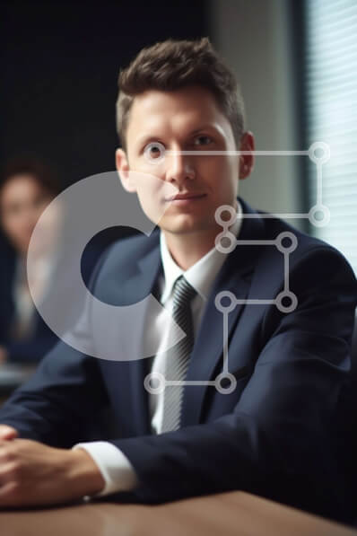 Intra Συλλεκτικό Ξύλινο Παζλ Plywood  4mm - Σοβαρός επιχειρηματίας στο γραφείο στο γραφείο με δύο συναδέλφους στο παρασκήνιο Σε Ξύλινο Κουτί - Διαστάσεις Puzzle: 10x10 cm – 25 κομμάτια