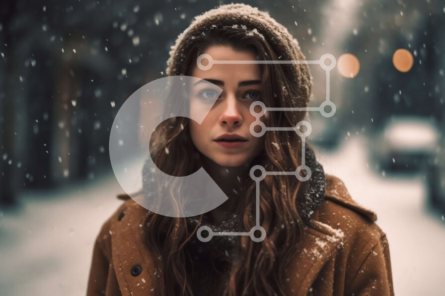 Intra Συλλεκτικό Ξύλινο Παζλ Plywood  4mm - Όμορφη εικόνα μιας νεαρής γυναίκας με χειμερινά ρούχα που στέκεται σε χιονισμένο δρόμο Σε Ξύλινο Κουτί - Διαστάσεις Puzzle: 10x10 cm – 25 κομμάτια