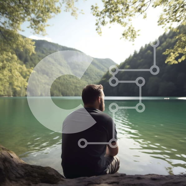 Intra Συλλεκτικό Ξύλινο Παζλ Plywood  4mm - Ειρηνική εικόνα ενός άνδρα που κάθεται δίπλα σε μια λίμνη με ορεινό περιβάλλον Σε Ξύλινο Κουτί - Διαστάσεις: 10x10 cm – 25 κομμάτια