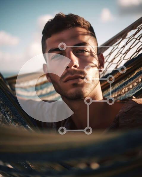 Intra Συλλεκτικό Ξύλινο Παζλ Plywood  4mm - Σοβαρός άνδρας με ριγέ πουκάμισο που χαλαρώνει στην αιώρα στην παραλία Σε Ξύλινο Κουτί - Διαστάσεις Puzzle: 10x10 cm – 25 κομμάτια