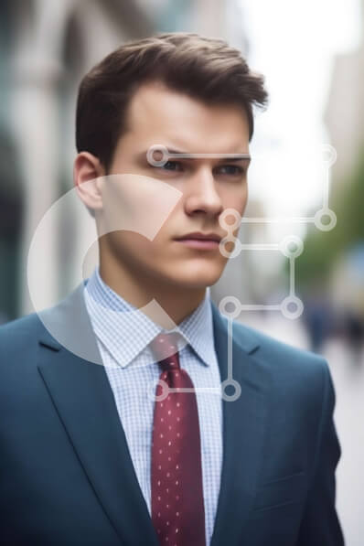 Intra Συλλεκτικό Ξύλινο Παζλ Plywood  4mm - Σοβαρός νεαρός άνδρας με μπλε κοστούμι και κόκκινη γραβάτα στο City Street Σε Ξύλινο Κουτί - Διαστάσεις Puzzle: 10x10 cm – 25 κομμάτια