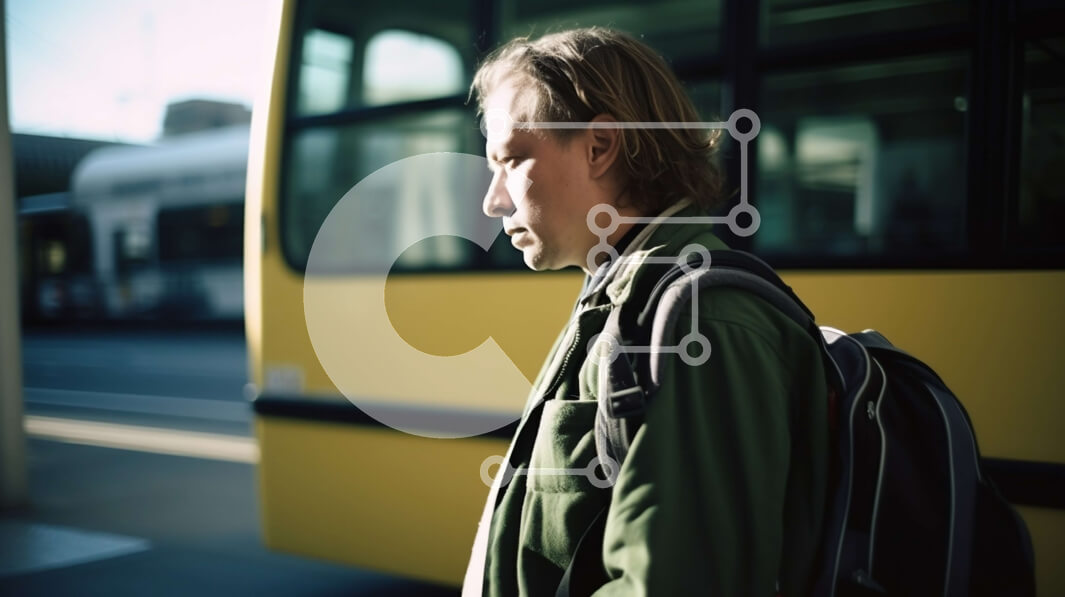 Intra Συλλεκτικό Ξύλινο Παζλ Plywood  4mm - Άνθρωπος στο πεζοδρόμιο με κίτρινο σχολικό λεωφορείο στο παρασκήνιο Σε Ξύλινο Κουτί - Διαστάσεις Puzzle: 10x10 cm – 25 κομμάτια