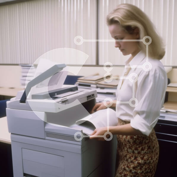 Intra Συλλεκτικό Ξύλινο Παζλ Plywood  4mm - Γυναίκα που στέκεται μπροστά από τον εκτυπωτή και ελέγχει το έγγραφο Σε Ξύλινο Κουτί - Διαστάσεις Puzzle: 10x10 cm – 25 κομμάτια