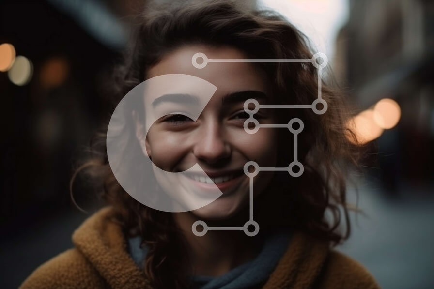 Intra Συλλεκτικό Ξύλινο Παζλ Plywood  4mm - Χαμογελαστή γυναίκα με σγουρά μαλλιά στο δρόμο της πόλης Σε Ξύλινο Κουτί - Διαστάσεις Puzzle: 10x10 cm – 25 κομμάτια