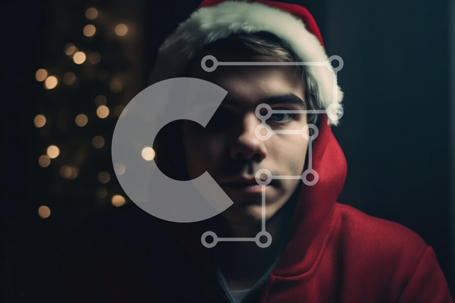 Intra Συλλεκτικό Ξύλινο Παζλ Plywood  4mm - Σοβαρός νεαρός άνδρας με καπέλο Άγιου Βασίλη και κόκκινο κουκούλα Σε Ξύλινο Κουτί - Διαστάσεις Puzzle: 10x10 cm – 25 κομμάτια