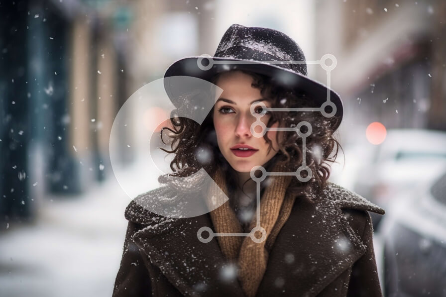 Intra Συλλεκτικό Ξύλινο Παζλ Plywood  4mm - Σοβαρή γυναίκα που κοιτάζει την κάμερα στη Snowy Street με μαύρο παλτό και καπέλο Σε Ξύλινο Κουτί - Διαστάσεις Puzzle: 10x10 cm – 25 κομμάτια