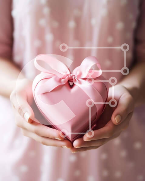 Intra Συλλεκτικό Ξύλινο Παζλ Plywood  4mm - Γυναίκα που κρατά ένα ροζ κουτί δώρου σε σχήμα καρδιάς με πουά και φιόγκους Σε Ξύλινο Κουτί - Διαστάσεις Puzzle: 10x10 cm – 25 κομμάτια