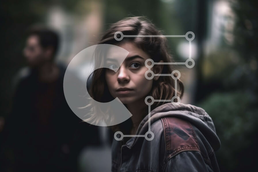 Intra Συλλεκτικό Ξύλινο Παζλ Plywood  4mm - Σοβαρή νεαρή γυναίκα που φοράει κουκούλα που στέκεται σε ένα πεζοδρόμιο Σε Ξύλινο Κουτί - Διαστάσεις Puzzle: 10x10 cm – 25 κομμάτια