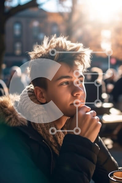 Intra Συλλεκτικό Ξύλινο Παζλ Plywood  4mm - Στοχαστικός νεαρός άνδρας που πίνει καφέ σε εξωτερικούς χώρους Σε Ξύλινο Κουτί - Διαστάσεις Puzzle: 10x10 cm – 25 κομμάτια