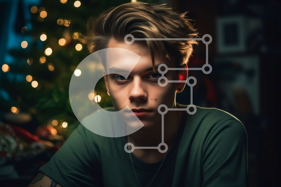 Intra Συλλεκτικό Ξύλινο Παζλ Plywood  4mm - Σοβαρός νεαρός άνδρας με πράσινο πουκάμισο που κάθεται μπροστά από το χριστουγεννιάτικο δέντρο Σε Ξύλινο Κουτί - Διαστάσεις: 10x10 cm – 25 κομμάτια